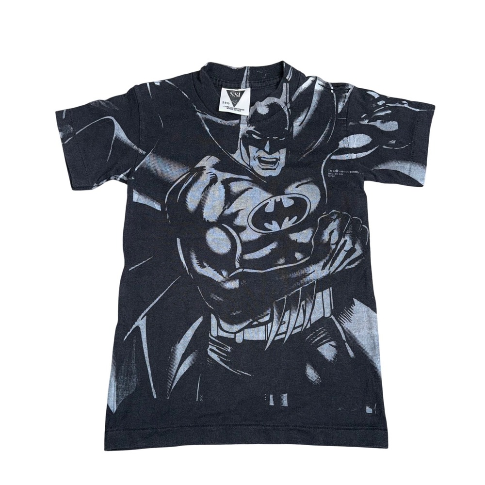SSI Batman T-Shirt Kids S 8/10 Black Excellent 1991 Vintage All Over Print DC
